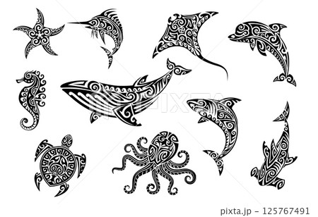 Tribal sea animal Maori tattoo set featuring black silhouettes of ocean creatures with swirling patterns. Vector shark, star, whale, dolphin and sea horse, octopus, turtle or stingray with swordfish Tribal sea animal Maori tattoo set featuring black silhouettes of ocean creatures with swirling patterns. Vector shark, star, whale, dolphin and sea horse, octopus, turtle or stingray with swordfish 125767491