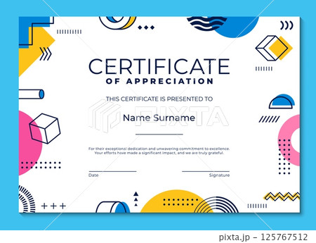Bauhaus shapes graduation certificate of appreciation template. Graduation celebration, personal achievement congratulation certificate or diploma vector template with abstract Bauhaus elements Bauhaus shapes graduation certificate of appreciation template. Graduation celebration, personal achievement congratulation certificate or diploma vector template with abstract Bauhaus elements 125767512