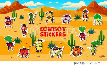 Cartoon cowboy, bandit and sheriff vegetable characters stickers, vector Wild West pack. Western Stickers of cartoon carrot cowboy in Arizona desert with cauliflower sheriff and cucumber bandit ranger 125767558