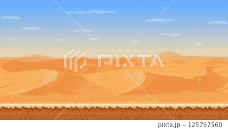 Sand dunes 8bit pixel art game desert landscape with rolling sand dunes, clear blue sky, and ground layer. Vector retro 8 bit platformer game level, side scrolling adventure or nostalgic videogame 125767560