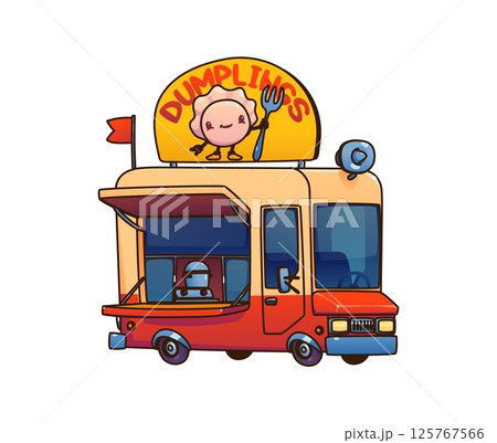 Cartoon dumpling food truck car, festival street foodtruck van with a cheerful dumpling mascot holding a fork on top, service window, cooking pot, bold signage, for asian street food and festivals Cartoon dumpling food truck car, festival street foodtruck van with a cheerful dumpling mascot holding a fork on top, service window, cooking pot, bold signage, for asian street food and festivals 125767566