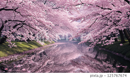満開の桜の下、小川の水面に映る風景 125767674