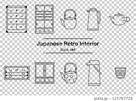 日式復古室內家具及雜貨圖示集 |抽屜櫃、茶櫃、水壺、熱水瓶、茶杯 125767728
