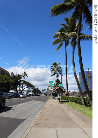 空港行きのバス停と青空 125767849