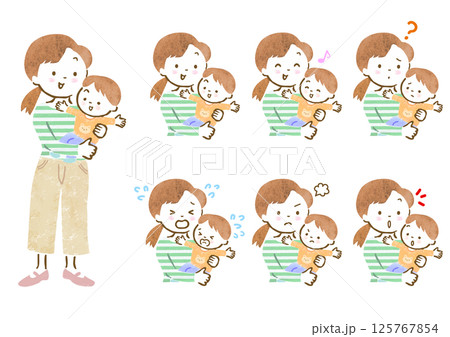 幼い男の子を抱っこしたママの表情セット 125767854