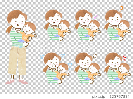 幼い男の子を抱っこしたママの表情セット 125767854