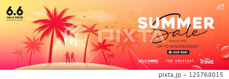 Summer sale, coconut tree silhouette, Man and woman standing on the beach enjoying the view banner  125768015