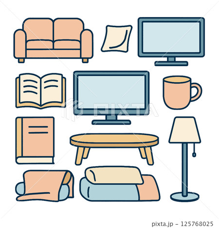 Cozy living room items including sofa, books, and lamp create warm atmosphere 125768025