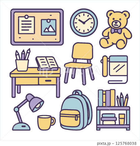 Cozy study space with desk, chair, and various school supplies, creating warm atmosphere 125768038