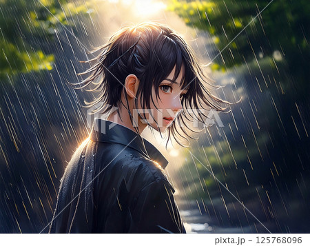 土砂降りの雨から晴れる瞬間の女性イラスト 125768096