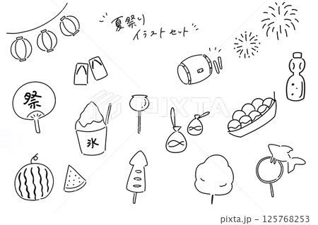 夏祭りイラストセット・線画(黒) 夏祭りイラストセット・線画(黒) 125768253