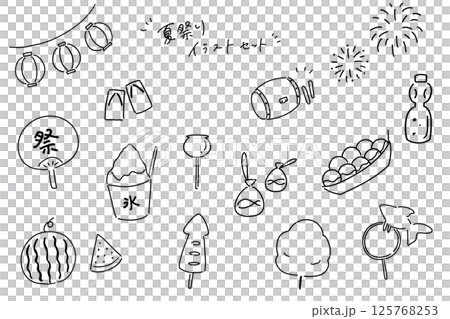 夏祭りイラストセット・線画(黒) 夏祭りイラストセット・線画(黒) 125768253