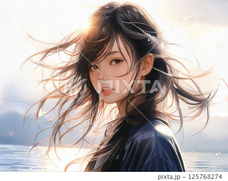 風と太陽のバックライトシリーズの女性イラスト 125768274