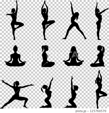 Set of silhouettes of women doing yoga and fitness 125768570