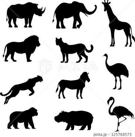 サバンナの代表的な動物のシルエットセット 125768573