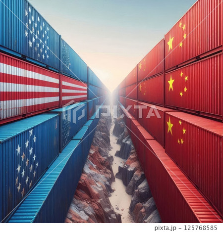 US and China Trade War Concept in Shipping Containers on Opposing Cliffs Representing Economic with Generative AI. 125768585