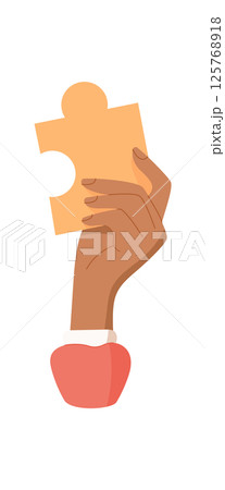 Hand holding a puzzle piece. Human character exchanges a puzzle item. Teamwork concept in cartoon graphic style, ideal for graphic use in presentations or educational materials. 125768918