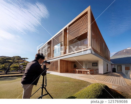 建築写真をスロシャッターで撮影しているフォトグラファー 125769086