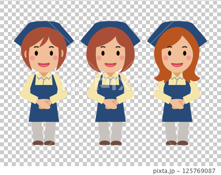 手を前で重ね、笑顔の紺色エプロンの若い女性 手を前で重ね、笑顔の紺色エプロンの若い女性 125769087