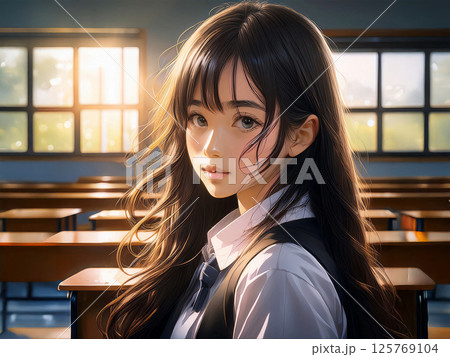 光溢れる放課後の教室にいる女子 125769104