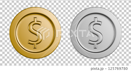 美元貨幣的金幣和銀幣。硬幣的透明3DCG插圖 美元貨幣的金幣和銀幣。硬幣的透明3DCG插圖 125769780