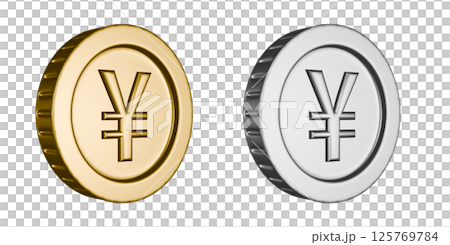 Gold and silver coins of Japanese yen currency viewed from a right angle. 3DCG illustration of transparent coins 125769784