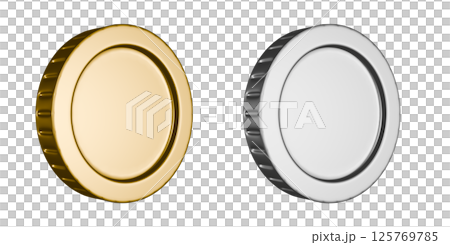 A medal frame of gold and silver coins seen from a right angle. 3DCG illustration of a transparent coin A medal frame of gold and silver coins seen from a right angle. 3DCG illustration of a transparent coin 125769785