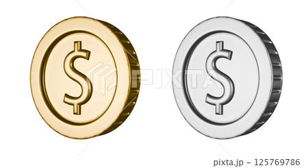 左斜めから見たドル通貨の金貨と銀貨。透過されたコインの3DCGイラスト 125769786