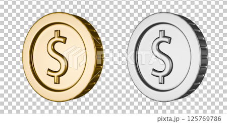 Gold and silver dollar coins viewed diagonally from the left. 3DCG illustration of transparent coins Gold and silver dollar coins viewed diagonally from the left. 3DCG illustration of transparent coins 125769786