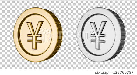 從左側斜視角度看日元金幣和銀幣。硬幣的透明3DCG插圖 125769787