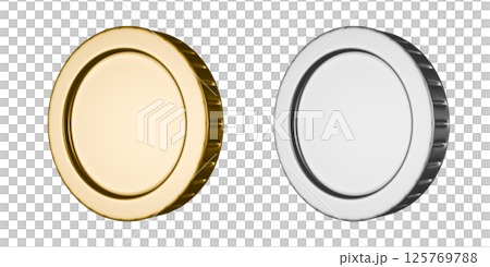 A medal frame of gold and silver coins seen from a left diagonal angle. 3DCG illustration of a transparent coin 125769788
