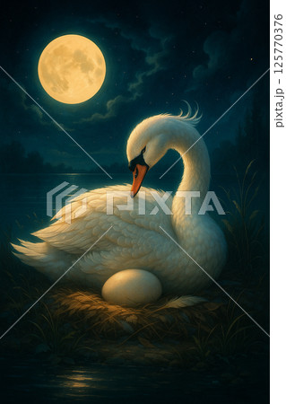 白鳥の巣ごもり　満月の夜の夜　水彩画風イラスト　Generative AI 125770376