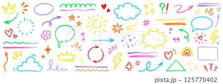 Line hand drawn brush marker arrow, heart, crown element set. Hand drawn sketch marker underline kid color shape, arrow, star scribble brush pen stroke doodle graphic icon. Vector Line hand drawn brush marker arrow, heart, crown element set. Hand drawn sketch marker underline kid color shape, arrow, star scribble brush pen stroke doodle graphic icon. Vector 125770402
