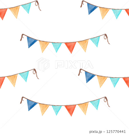 Stretched flag garland seamless pattern isolated on white. Hand-drawn watercolor illustration perfect for birthday cards, baby shower, stationary, celebrations, event programs, stickers design and Stretched flag garland seamless pattern isolated on white. Hand-drawn watercolor illustration perfect for birthday cards, baby shower, stationary, celebrations, event programs, stickers design and 125770441