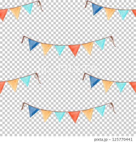 Stretched flag garland seamless pattern isolated on white. Hand-drawn watercolor illustration perfect for birthday cards, baby shower, stationary, celebrations, event programs, stickers design and Stretched flag garland seamless pattern isolated on white. Hand-drawn watercolor illustration perfect for birthday cards, baby shower, stationary, celebrations, event programs, stickers design and 125770441