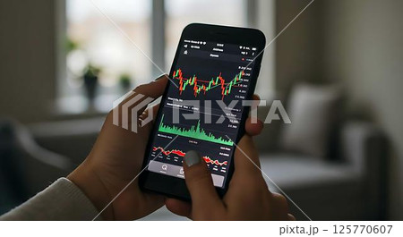 Person checking stock market on phone 125770607