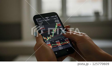 Woman checking stock market on phone Woman checking stock market on phone 125770609