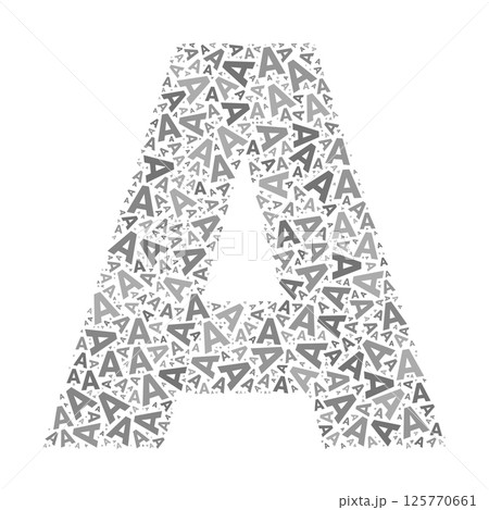 Creative letter A typography collage composed of multiple scattered letters in various sizes and grayscale tones 125770661