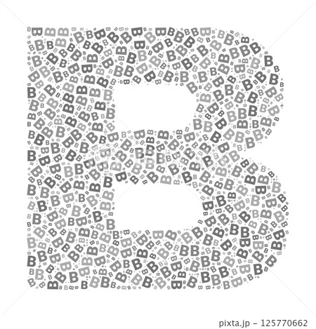 Creative letter B typography collage composed of multiple scattered letters in various sizes and grayscale tones 125770662