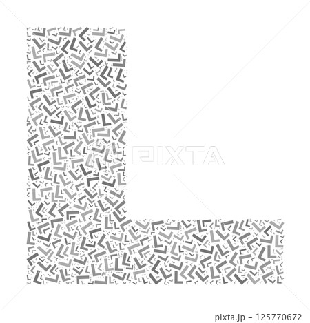 Creative letter L typography collage composed of multiple scattered letters in various sizes and grayscale tones 125770672