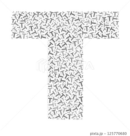 Creative letter T typography collage composed of multiple scattered letters in various sizes and grayscale tones 125770680