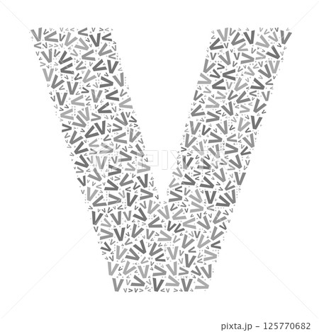 Creative letter V typography collage composed of multiple scattered letters in various sizes and grayscale tones Creative letter V typography collage composed of multiple scattered letters in various sizes and grayscale tones 125770682