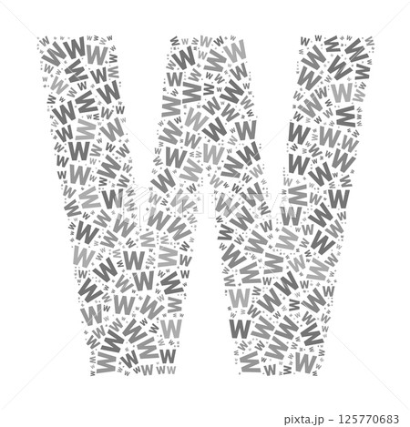 Creative letter W typography collage composed of multiple scattered letters in various sizes and grayscale tones 125770683
