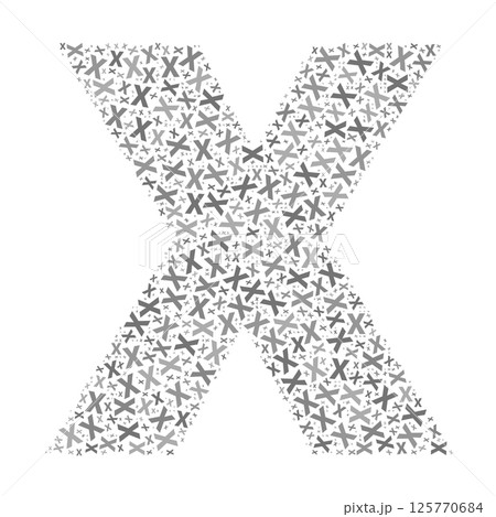 Creative letter X typography collage composed of multiple scattered letters in various sizes and grayscale tones 125770684