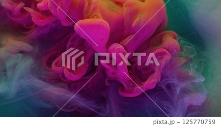 Ink haze. Cloud mix. Purple pink fluid burst in turquoise emulsion. Art splash color dye shot in blur neon water abstract background. 125770759