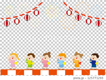 お祭りで盆踊りを楽しむ子供たちと花火の背景 125771293