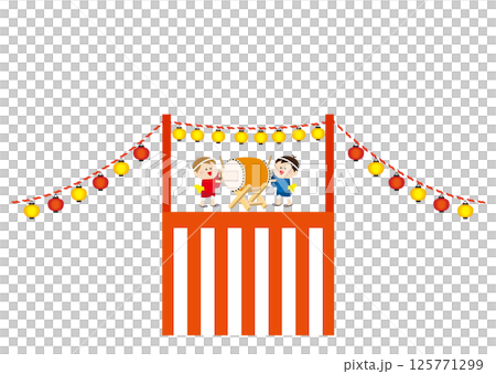 お祭りの太鼓を叩く男の子と紅白の舞台 125771299