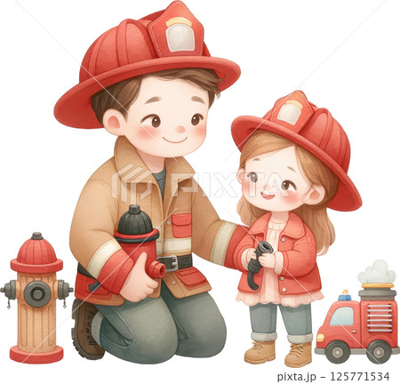 Firefighter father and daughter in protective gear 125771534