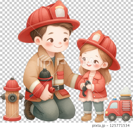Firefighter father and daughter in protective gear 125771534