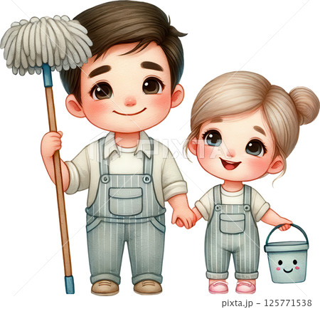 Parent and child cleaning together 125771538